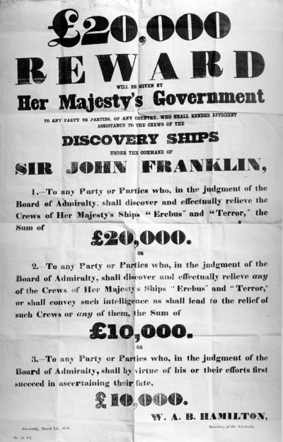 Poster Offering a Reward for the Discovery of the Lost Franklin Arctic Expedition, 1850 by English School